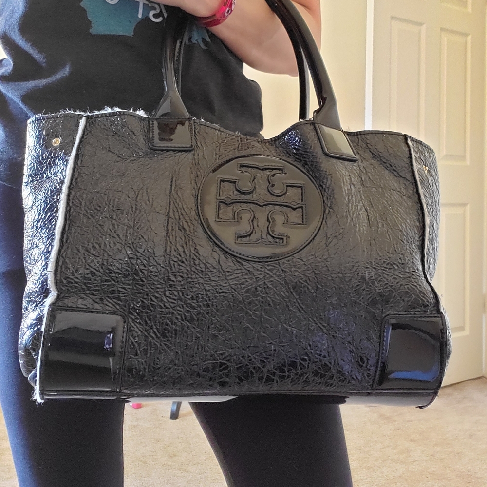 Tory Burch Black Patent Leather Logo Tote